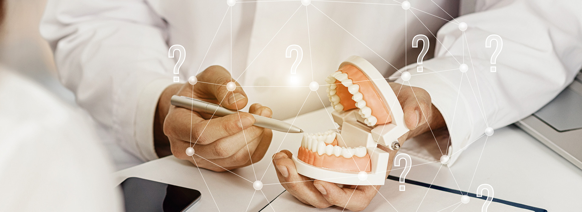 A dental professional holding a model of a human tooth and jaw, with digital overlays showing a 3D rendering of the teeth and annotations for educational purposes.