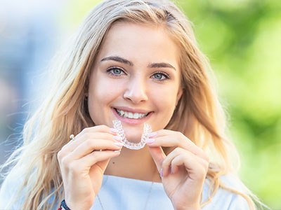 A woman holding a toothbrush with toothpaste, smiling at the camera.