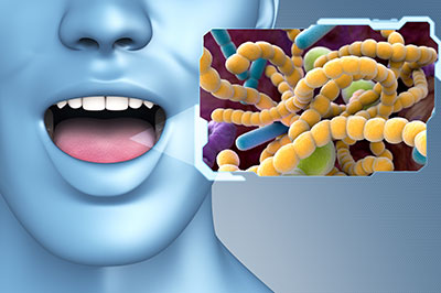 An illustration showing a human mouth with a microscopic image of bacteria or viruses within it, emphasizing the concept of oral health and germs.