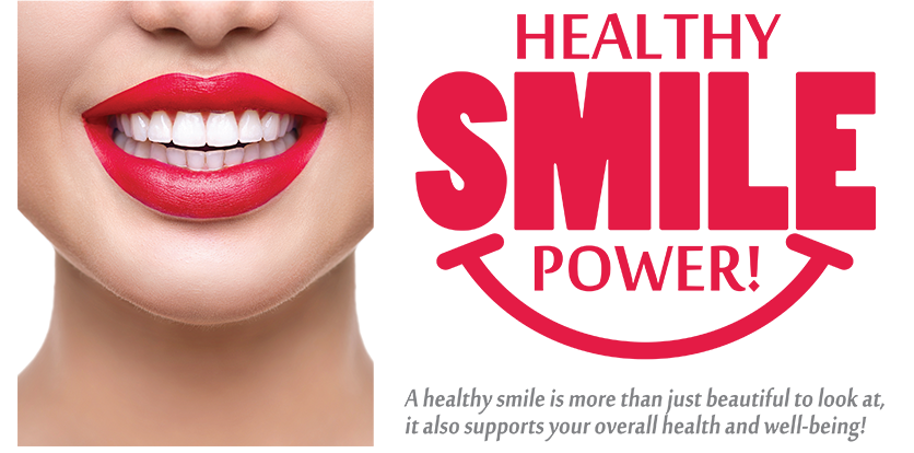 An advertisement for a cosmetic service, featuring a close-up of a woman s smiling face with red lipstick, set against a white background with the text  Healthy Smile Power  in bold, black letters.