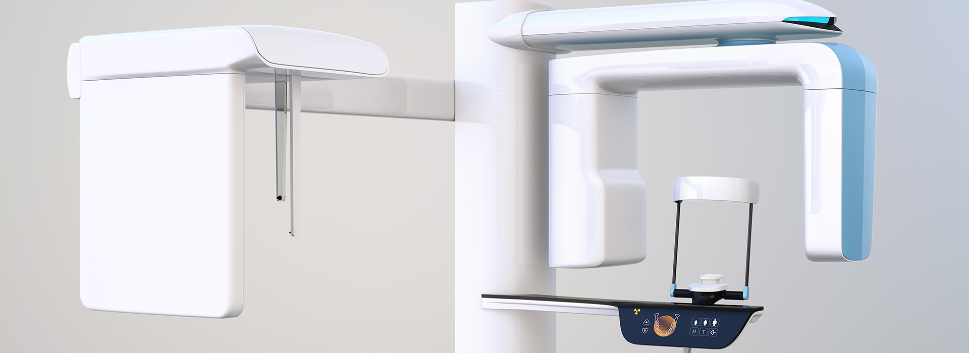 A modern dental chair with a digital display and an overhead adjustable light.